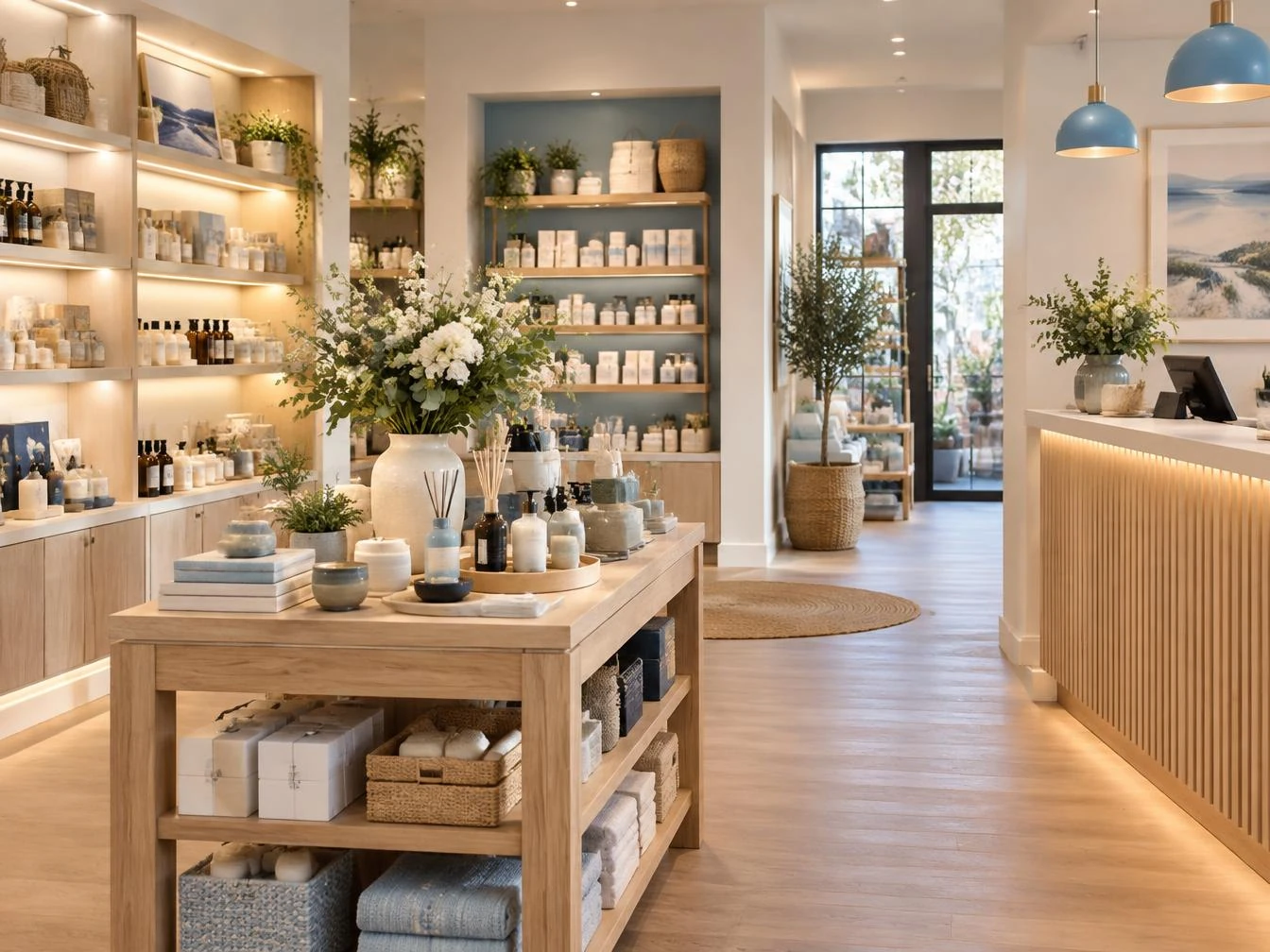Boutique lumineuse avec rayonnages soignés et accueil chaleureux