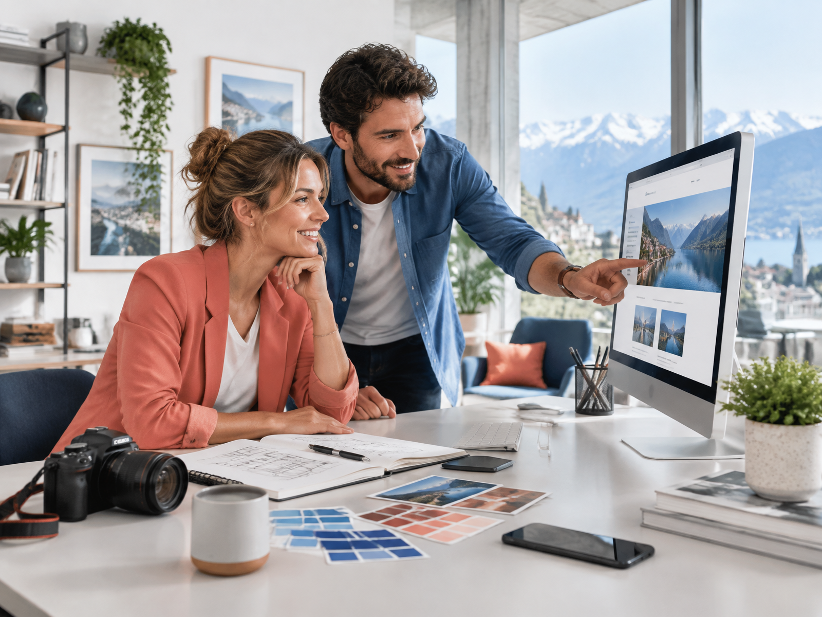 Une entrepreneuse et un designer collaborent à la création de son site